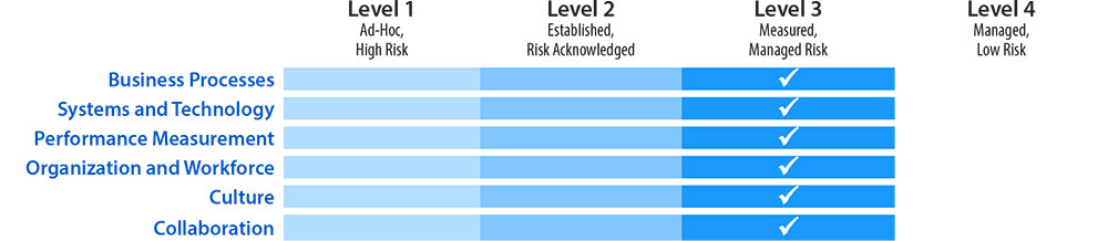 The Capability Maturity Model self-assessment framework contains six dimensions of capability. Three are process oriented: 1) Business Processes, 2) Systems and Technology, 3) Performance Measurement. The remaining three are institutional: 1) Organization and Workforce, 2) Culture, 3) Collaboration. With Seminole County, all dimensions fall under Level 3, Measured, Managed Risk.