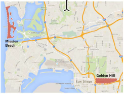 Map of San Diego with the Mission Beach and Golden Hill areas shaded.
