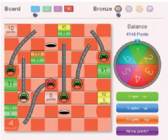Chutes and ladders type game interface with a checkered game board, points balance, and colored buttons.