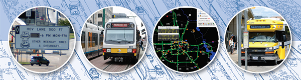 Photos left to right: HOV lane entrance sign; light rail train; online traffic map; and a public transit bus.