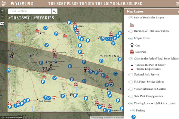 Figure 25. Screenshot of a Wyoming map with various symbols marking locations and the path of an eclipse.