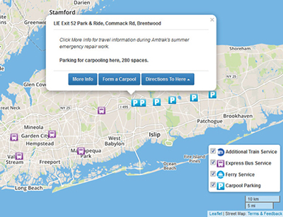 Figure 28. Screenshot of a map with symbols identifying carpool parking and express bus service stops.