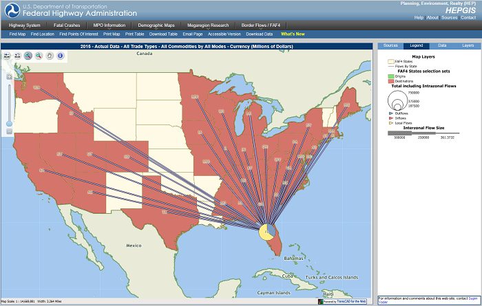 screenshot from FHWA's HEPGIS website showing a map of the continental U.S. with numerous lines emanating from Tampa, Florida across the U.S.