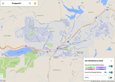 Screenshot of Truckee traveler information web portal.  The image shows a simulated map view of the area with the interstate being the focal point of the map.