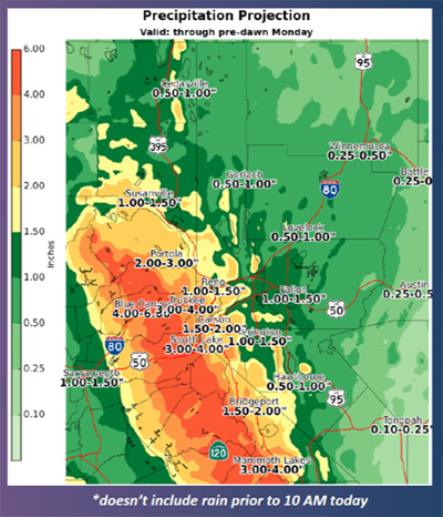 Sample National Weather Service map-based information displaying potential severe weather—in this case precipitation projections—for Truckee and surrounding areas. There is a note at the bottoms that says the figures do not include rain prior to 10 AM today.