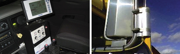 West Des Moines Public Services has installed technology and sensors on all 16 plow trucks. This figure shows the technology installed in the interior of a truck (left) and the exterior (right).