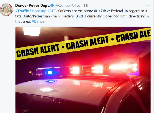 A screenshot shows an example crash alert from the Denver Police Department. The Twitter message is displayed to describe the alert, and a photo shows a crash alert banner announcing the type of event.