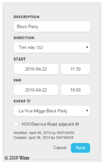 Screenshot shows text describing an example event. The event text includes: description, direction, Start date and time, end date and time, and the name of the event. Copyright: 2019 Waze.
