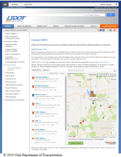 The UDOT website provides this widget to let users report and display roadway maintenance issues or make service requests. This includes instructions for contacting the agency and the ability to display a map with locations and descriptions of events throughout the State. Copyright: 2019 Utah Department of Transportation