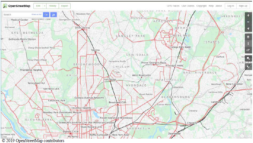 This screenshot shows an example of a map created with crowdsourced data. The emphasis is on transportation operations. Copyright 2019 OpenStreetMap contributors