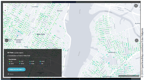 This map shows part of New York City and the location of trees within the city. The tree locations are color coded based on the tree diameters. Copyright 2019 OpenStreetMap contributor Eden Halperin.