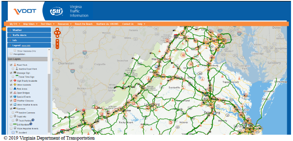 This screenshot gives a map of Virginia with major highways. Using the icon layers to the left of the map, users can display or turn off display of various icon layers that show, for example, road work, message signs, events, weather closures, and many other features.