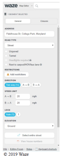 This screenshot shows the layout of the Waze map editor screen for data input. Users can report map errors or contribute new information (e.g., new roads, new infrastructure such as red-light cameras, etc.). The input screen shown here lists address, road type, restrictions, direction, speed limit, look, and elevation. Copyright 2019 Waze.