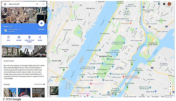 This Google map shows Manhattan and parts of New Jersey. Google maps can give directions, provide short facts about a location, and show various features of interest. Zoom features allow users to focus on any level of detail. Copyright 2018 Google.