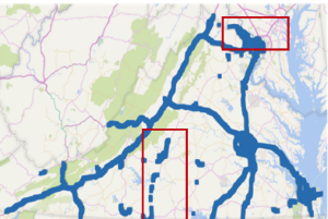This figure shows a map of Virginia. Shaded areas represent events reported through Waze. Boxes highlight two areas where Waze events provide more data than Virginia DOT events.