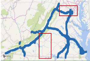 This figure shows a map of Virginia. Shaded areas represent events reported through the DOT. Boxes highlight two areas where Waze events provide more data than Virginia DOT events.