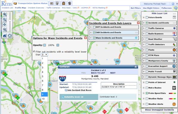 This screenshot shows the University of Maryland Center for Advanced Transportation Technology Laboratory Regional Integrated Transportation Information System (RITIS) Website. The screen depicts Transportation System Status Traffic map tab. The user may filter the map data displayed based on Options for Waze Incidents and Events, Incidents and Events sub-layers, and a Hide layer list. When selecting an incident or event, a dialog box shows the type of incidents.