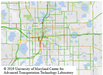 This map shows HERE speed data represented by color-coded roads using three colors to represent speed, travel time, and confidence value per segment of the road. Copyright 2019 University of Maryland Center for Advanced Transportation Technology Laboratory.