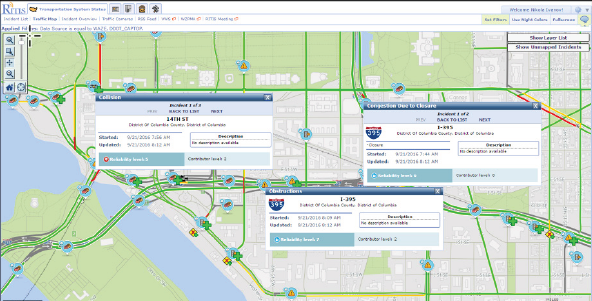 This screenshot shows the University of Maryland Center for Advanced Transportation Technology Laboratory Regional Integrated Transportation Information System (RITIS) Website. The displayed map shows various icons indicating incident types at locations on the map. Clicking an icon displays information on that specific location.