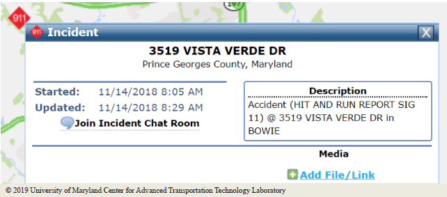 This incident report text gives the specific incident location, when the report was started and updated, and a clear description. Copyright 2019 University of Maryland Center for Advanced Transportation Technology Laboratory.