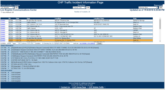 This screenshot shows an incident information page listing a number of specific incidents. A table shows the incident number, incident type, location, location description and general area. On each row is a details link that users click to display information on the selected incident. The detail information is listed by time and the specific operation performed at each time. The information also includes the times for each patrol unit assigned to investigate and direct operations.
