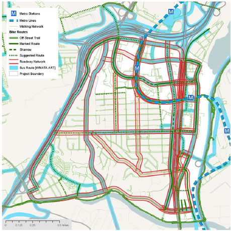A map of Crystal City (Arlington, VA).  The map denotes the Metro station and metro lines, roadway network, bus routes, and various types of bike trails and routes.