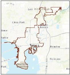 Map of the Tampa, Florida region with the limits of Hillsborough County, where the city is seated, outlined.