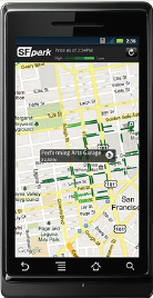Artist's rendering of a smart phone depicting the SFPark street mapping app.