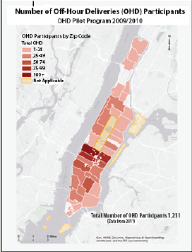 Heat map of the off-hour delivery pilot program zone indicating the density of participants by zip code during 2009 and 2010 in New York. Total participants numbered 1,211.