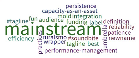 Word cloud showing participant responses to the question 'What was a key theme or take away?'.  Words include: mainstream, persistence, capacity-as-an-asset, mold integration, #tagline, fun, audience, funding, label, definition, reliability, patience, newname, umbrella, efficiency, practices, ruralsmo, #soundbite, wrapper, tagline, best, and performance-management.