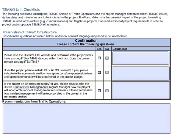 A section of the TSMO Checklist from the Florida Department of Transportation's scoping form.  Project managers are required to fill out the form about TSMO and then meet with someone in the TSMO office.