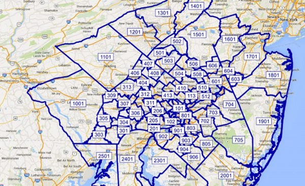 This map shows an area surrounding Philadelphia. The area is divided into a large number of regions defined by bold lines. Each region is labeled with a number.