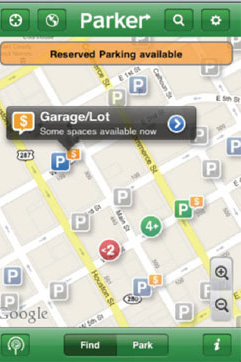 This screenshot is of the application Parker as displayed on a smartphone. A banner at the top of the screen reports that reserved parking is available. On the screen is a map of a downtown area with parking locations marked with a square and the letter P.  Some parking locations are marked with a dollar sign. One of the parking locations is selected and reports that some spaces are available now, and the message screen also indicates that it is a pay location and there is a button with an arrow. There are zoom in and out buttons in the lower right of the map. There are two circles with numbers of 4 plus (highlighted green) and less than two (highlighted red, indicating availability of spaces in the parking lots near the circles. On the bottom of the screen is a banner with Find and Park buttons.