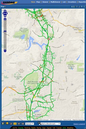 This screenshot shows a map with a number of routes highlighted along the I-15 corridor. The routes are mostly highlighted green, but there are short lengths of roads highlighted red. In the upper left of the map, there are buttons to scroll the view and a slider to zoom the view in or out. At the bottom of the screen is a banner where different selections can be made for the type of data displayed.