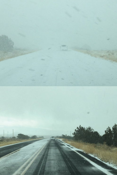 Two photographs highlighting Arizona's diverse weather conditions showing a roadway in blizzard like conditions and a roadway with light snow accumulation.