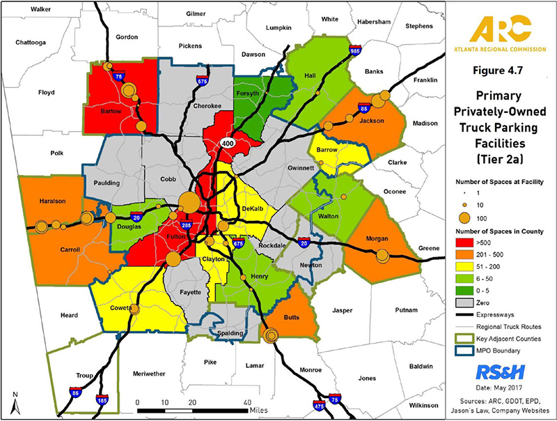 ARC's Figure 7: Primary Privately-Owned Truck Parking Facilities (Tier 2a) is a map of the Atlanta region, showing the number of spaces in counties and at facilities