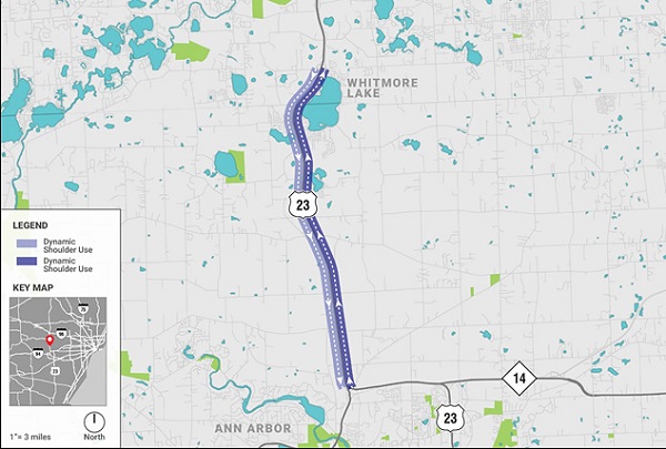 Map shows the dynamic part-time shoulder use corridor in Michigan. It follows Route 23, starting just north of Route 14 and continuing up through Whitmore Lake.