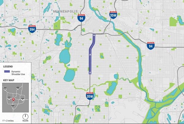 Map shows the dynamic part-time shoulder use corridor in Minneapolis, Minnesota. It follows Interstate 35W, heading north and ending at Interstate 94.