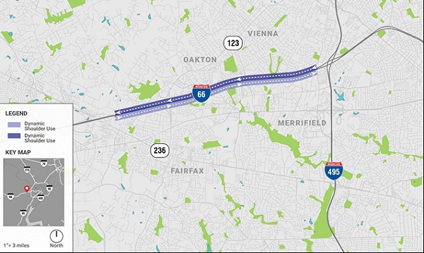 Map shows the dynamic part-time shoulder use corridor in Virginia. It follows Interstate 66 just west of Interstate 495, running through Fairfax.