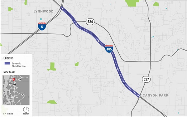 Map shows the dynamic part-time shoulder use corridor in Washington. It follows Interstate 405 heading from Route 527 in Canyon Park and ending north at Interstate 5 near Lynnwood.