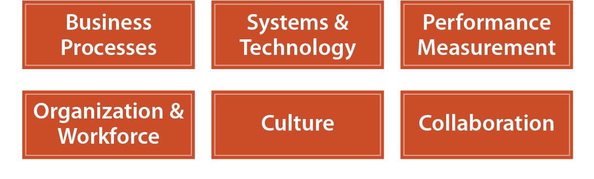 Diagram showing the six process areas, including business processes, systems and technology, performance measurement, organization and workforce, culture, and collaboration.