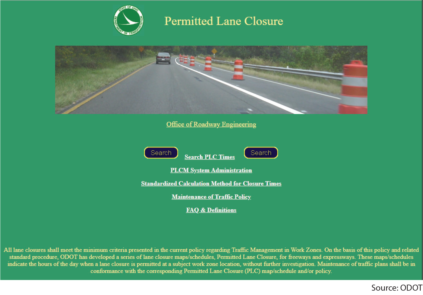 Image of the Ohio DOT Permitted Lane Closure web page.