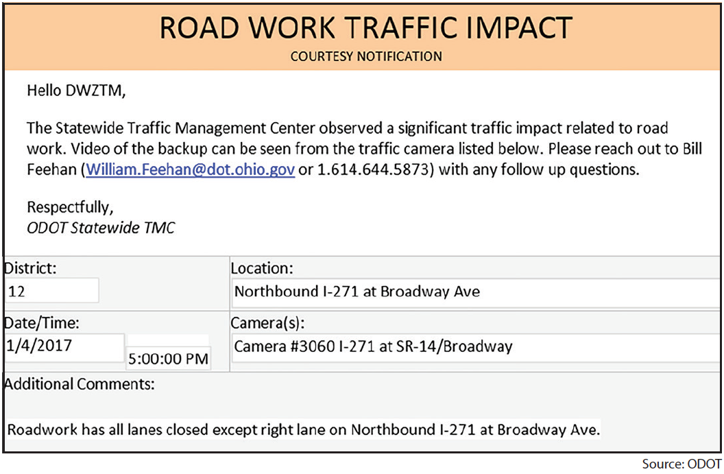 Example of a Road Work Traffic Impact notification.