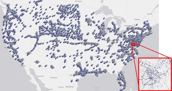 Map shows transportation agency CCTV deployment in United States indicated by dots on the map. There is a close up of the Washington, DC area, showing mostly CCTV usage in the northern parts of the area.