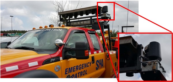 Photo shows CCTV camera mounted on the top of a gantry at the back of MD SHA's Emergency Patrol truck.