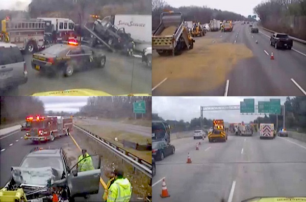 Photo shows four examples of on-screen video captures. The first photo is a crashed car being towed, the second photo shows a dump truck spreading something on the road, the third photo shows a fire truck showing up to a crash scene, and the fourth photo shows traffic being rerouted due to a crash.