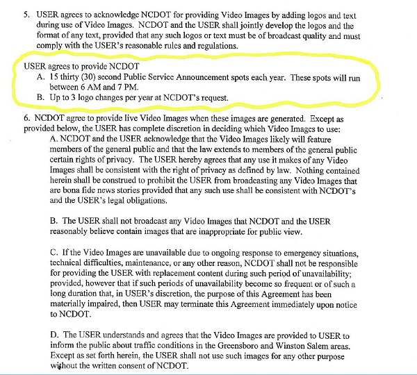 Image shows NCDOT media agreement, with the following excerpt circled: USER agrees to provide NCDOT: A. 15 thirty (30) second Public Service Announcement spots each year. These spots will run between 6 AM and 7 PM. B. Up to 3 logo changes per year at NCDOT's request.