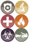 Six logos representing first responders.  First is a badge, second is a microscope, third is a white cross on a red background.  Fourth is an image of flames.  Fifth is an image of bio-waste and the last logo shows a tow truck.
