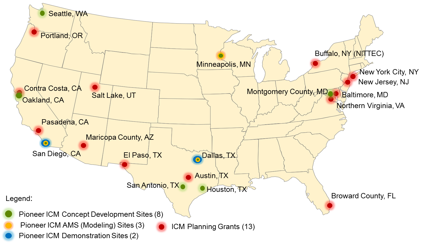This chart is a map of the United States, which shows the location of the Pioneer sites and ICM implementation planning grant sites. It further specifies whether the Pioneer sites were simply concept development sites (Seattle, Houston, San Antonio, Oakland, Montgomery County), and those that were also AMS sites (Dallas, San Diego, Minneapolis) and demonstration sites (Dallas and San Diego). The 13 planning grant corridor locations and corridor descriptions are provided in table 4.