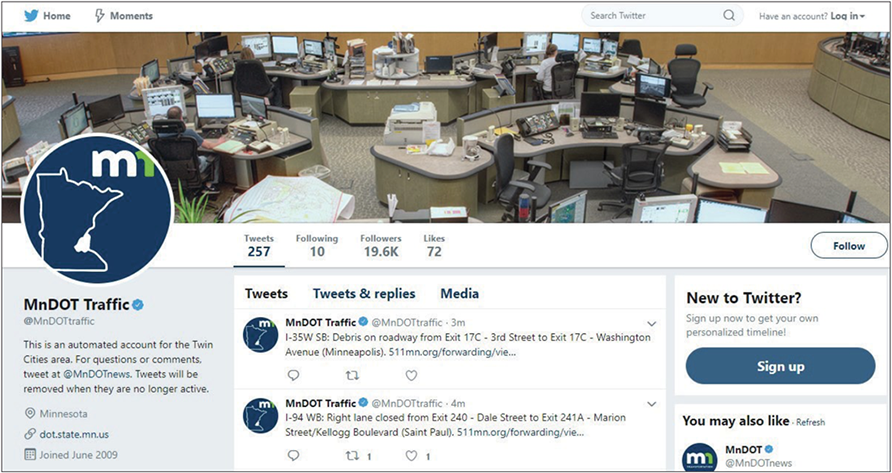 Screen capture of the Minnesota Department of Transportation Traffic Management Center Twitter feed showing real time information about lane closures and conditions.